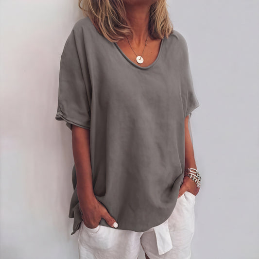 Women's Relaxed Fit Short Sleeve Top - Soft Drape, Asymmetrical Hem-83199-d714fc36-572f-4291-b566-ea49996ce376