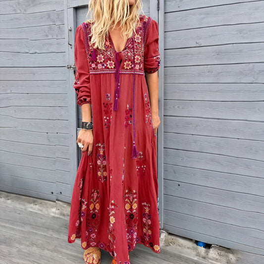 Women's Floral Embroidered Maxi Dress – V-Neck Cotton Bohemian-83200-87705d6f-92a3-47a4-9b69-3d13eda9efd3