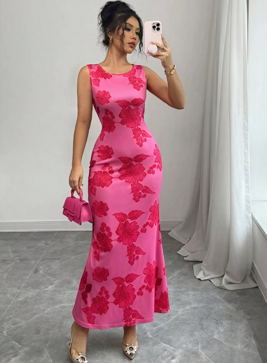 Women's Pink Floral Maxi Dress – Sleeveless, Fitted Polyester, Matching Handbag-83201-d04103d7-cfb6-40e7-b9c7-3a0f0a02e126