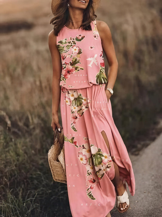 Women's Sleeveless Maxi Dress – Floral Pattern, Side Slit, Pockets-83214-d990d23a-4edd-4864-9e05-98e7e25a9c4e