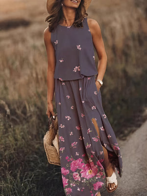 Women's Sleeveless Maxi Dress – Floral Pattern, Side Slit, Pockets-83214-64c62fdd-8d8e-4bfb-8fea-034a2ce3526c