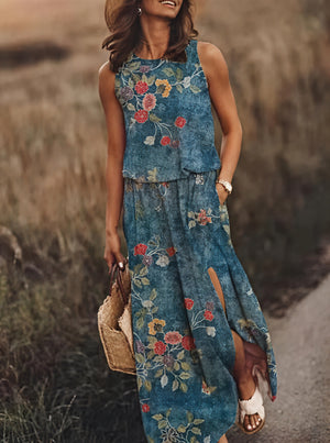 Women's Sleeveless Maxi Dress – Floral Pattern, Side Slit, Pockets-83214-54fef001-bb01-42b7-baa2-60f457a8ac16