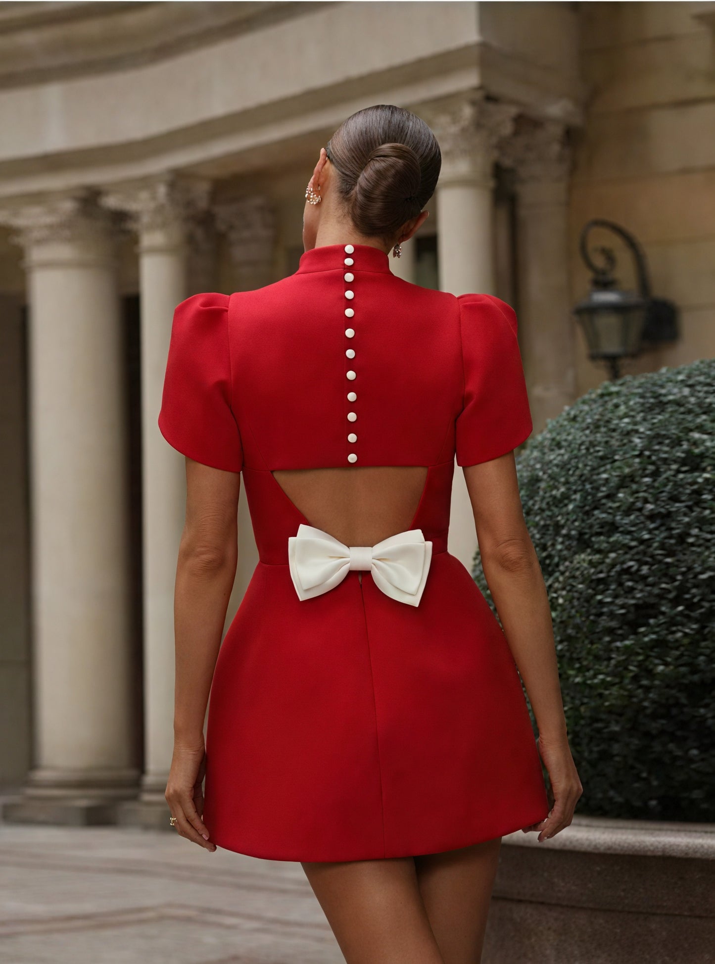 Women's Red Mini Dress – High Neck, Structured Sleeves, Fitted Silhouette, Modern Style-83215-ddf931ee-acee-471a-99d3-ea86e8c2783c