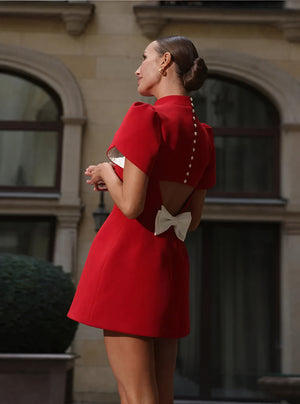 Women's Red Mini Dress – High Neck, Structured Sleeves, Fitted Silhouette, Modern Style-83215-300b701d-9de2-429f-8377-9a52db5d1e0a