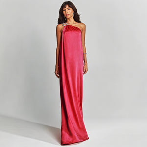 Women's Floor-Length One-Shoulder Column Gown – Jeweled Strap, Silk Blend, Coral, Basicfold-83221-9802b27a-5b8c-410d-bc60-d469d2e72cd9