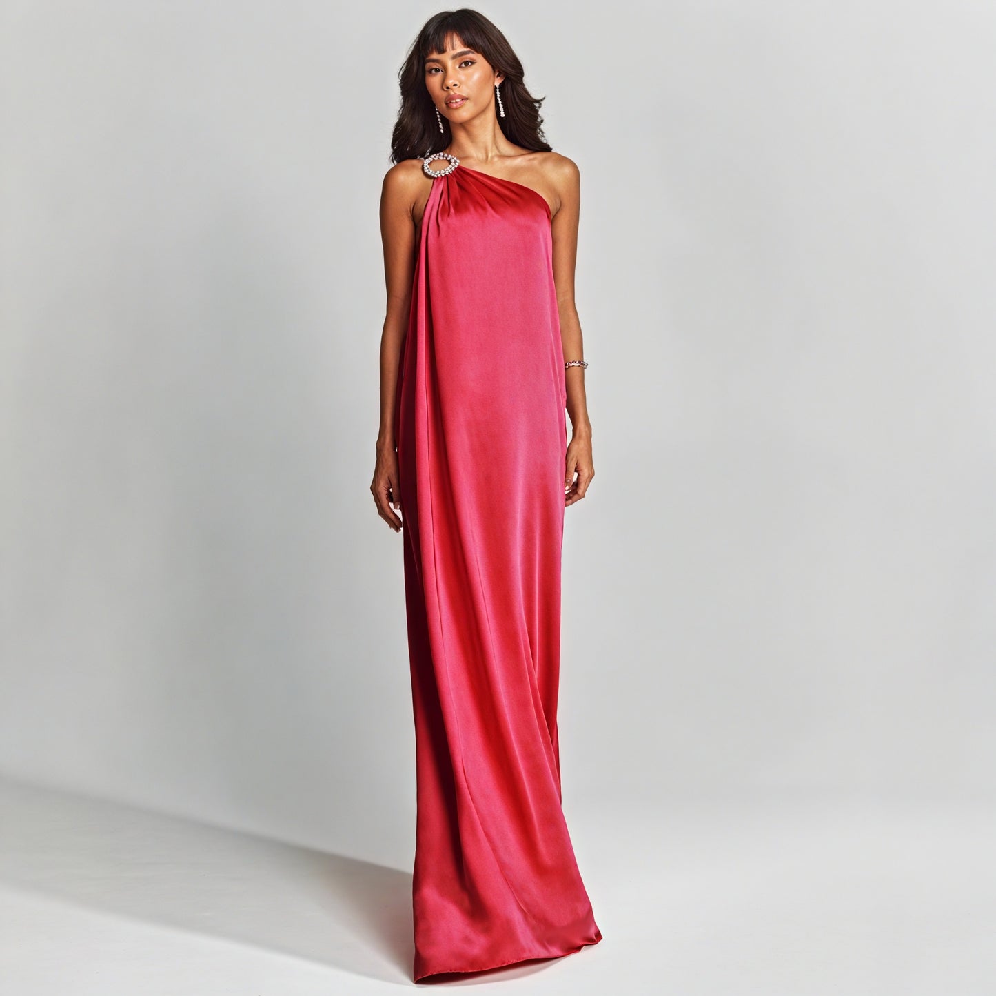 Women's Floor-Length One-Shoulder Column Gown – Jeweled Strap, Silk Blend, Coral, Basicfold-83221-9802b27a-5b8c-410d-bc60-d469d2e72cd9