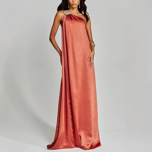 Women's Floor-Length One-Shoulder Column Gown – Jeweled Strap, Silk Blend, Coral, Basicfold-83221-8835da9a-4921-4193-af11-b34814daf536