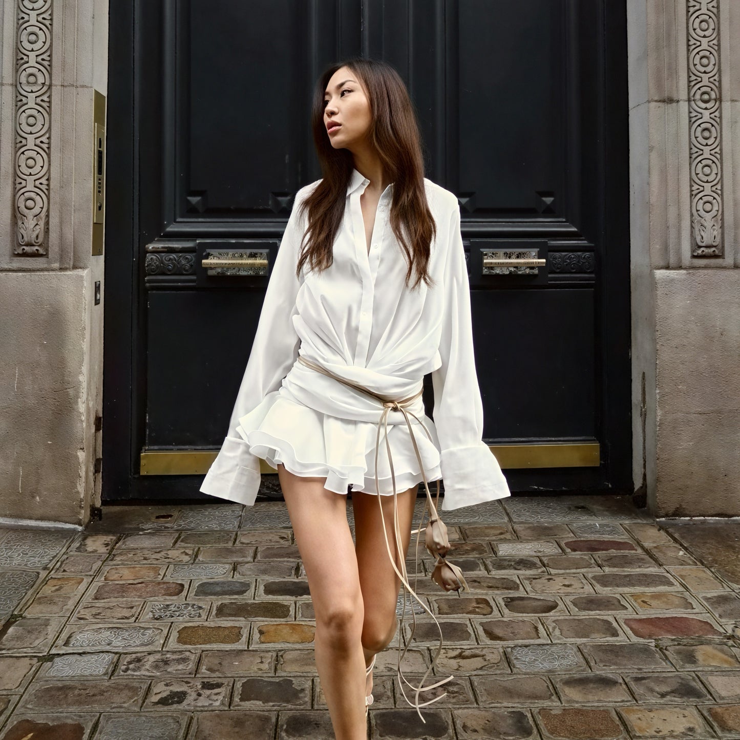 Women's White Button-Down Long Sleeve Midi Dress, Elegant Style-83661-73ff15e4-555d-4e8a-805d-203d4dcf5690