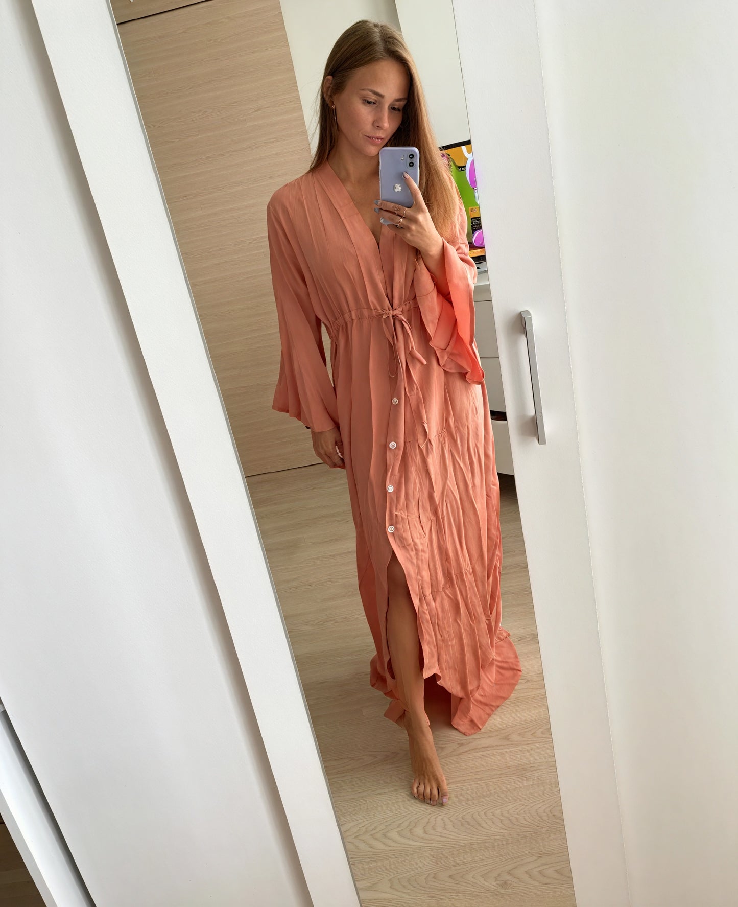 Women's Maxi Dress – V-Neck Long Sleeve with Tie Waist, Flowing Design-83779-e0e314f6-4368-438c-83e0-2816a03b194a