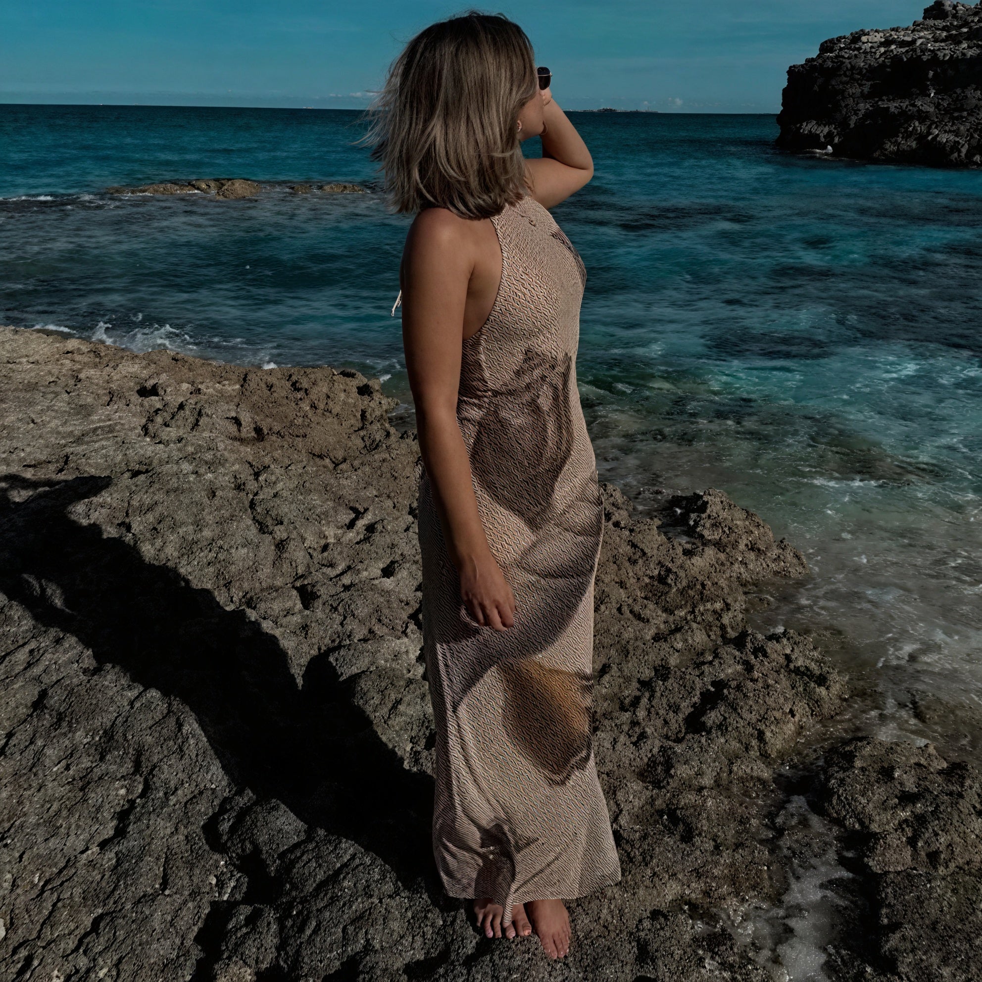 Women's Maxi Dress – Halter Neck, Textured Print, Floor-Length-83816-f9e47f60-6961-4a72-899d-1d20b7bc114b