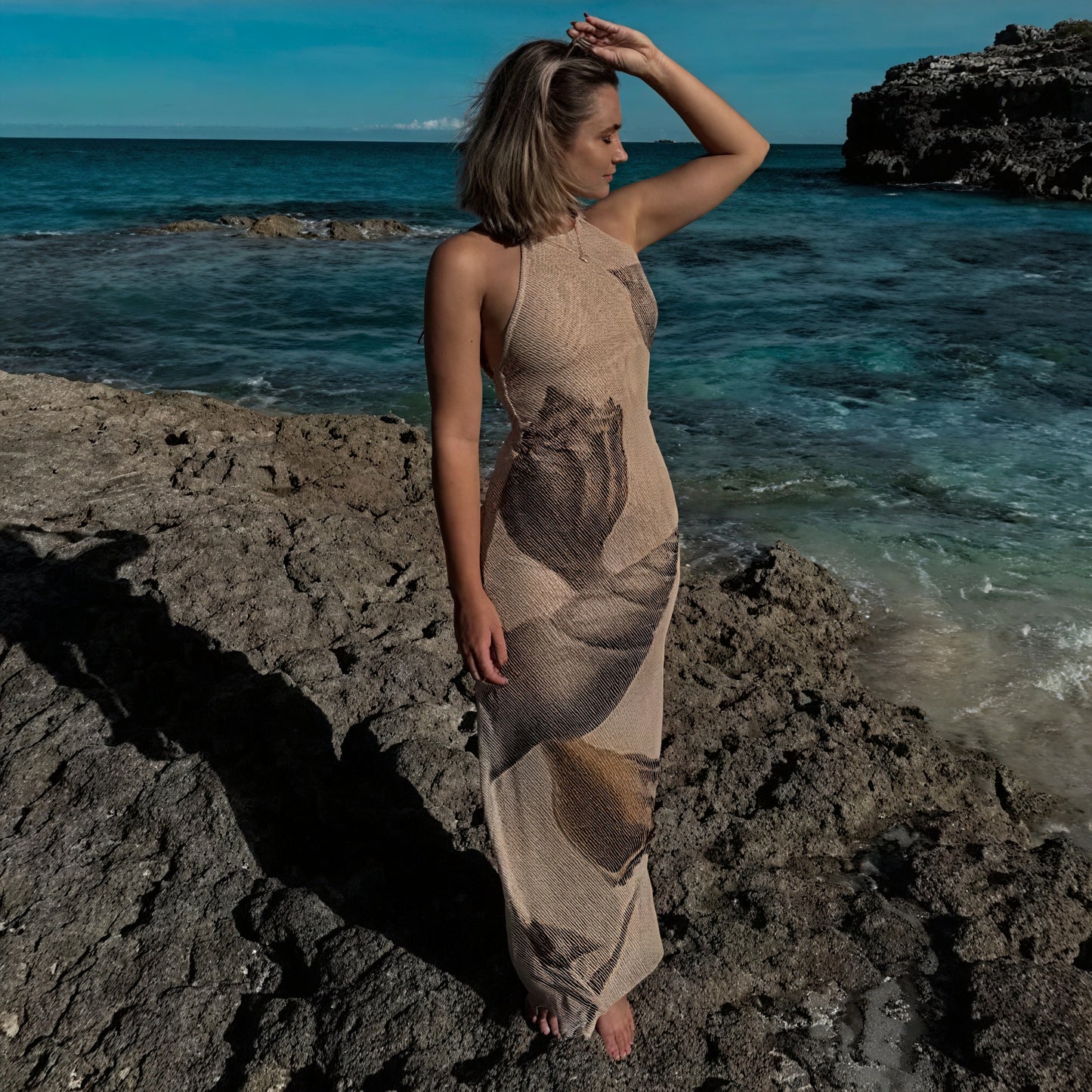 Women's Maxi Dress – Halter Neck, Textured Print, Floor-Length-83816-c102dc19-a8a1-4a7d-ad77-948b69298a8e