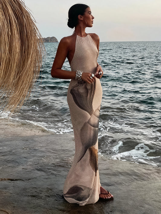 Women's Maxi Dress – Halter Neck, Textured Print, Floor-Length-83816-39ed1b4c-5ffe-4951-b76f-f6cfe84fbf83