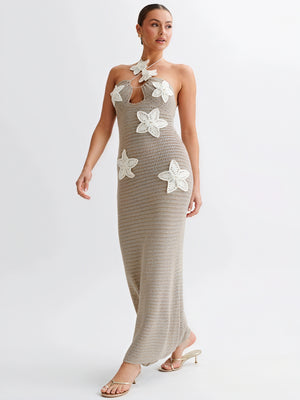 Women's Crocheted Halter Neck Dress – Floral Applique, Bohemian Style-83837-9fba5b5d-062c-4aff-a231-ce8c32e651ca
