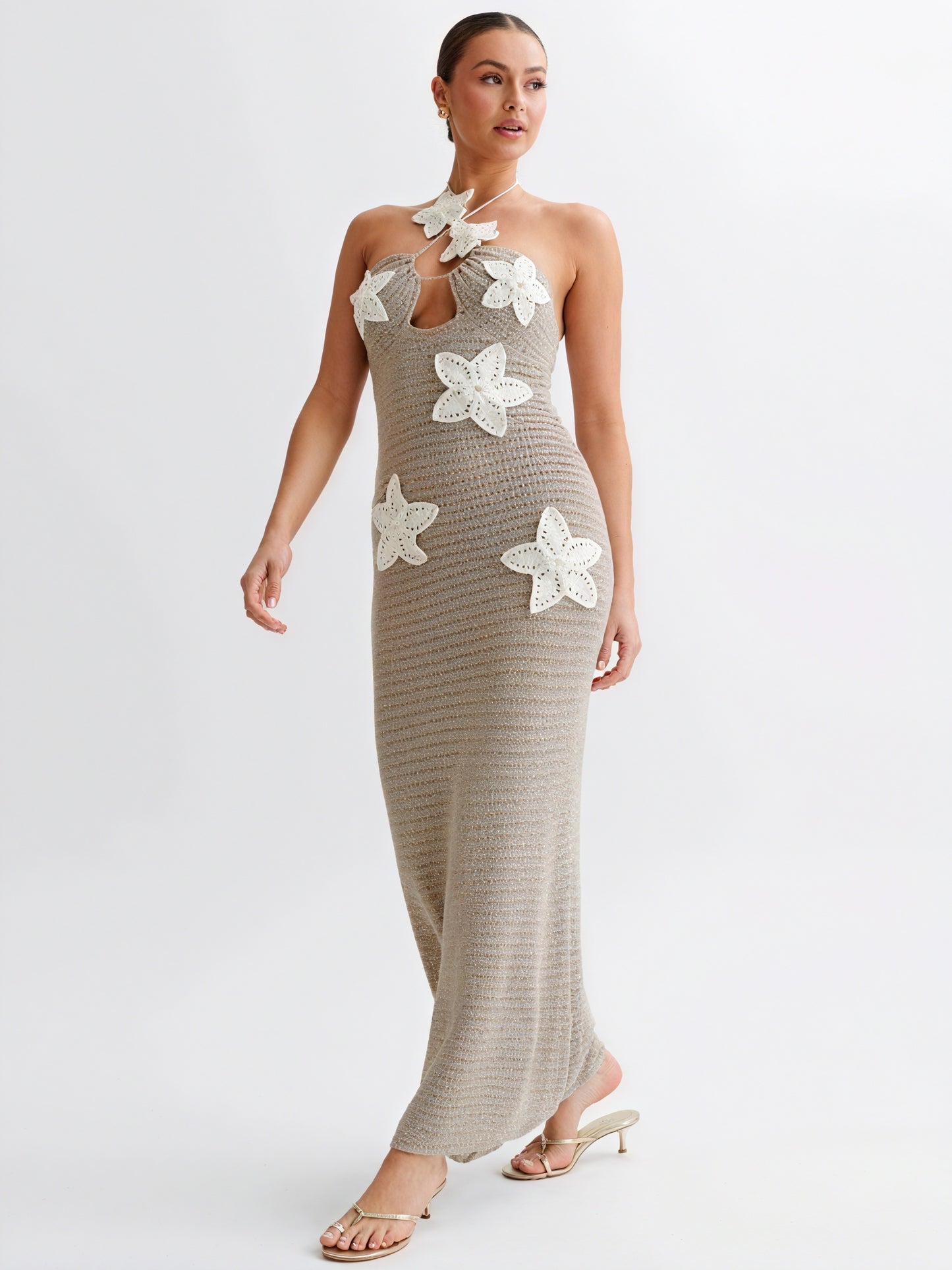 Women's Crocheted Halter Neck Dress – Floral Applique, Bohemian Style-83837-9fba5b5d-062c-4aff-a231-ce8c32e651ca