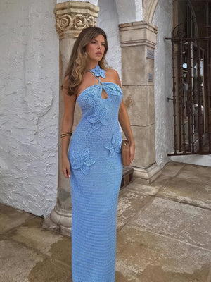 Women's Crocheted Halter Neck Dress – Floral Applique, Bohemian Style-83837-5b3cb519-07dd-4836-99cb-3017e6f94515