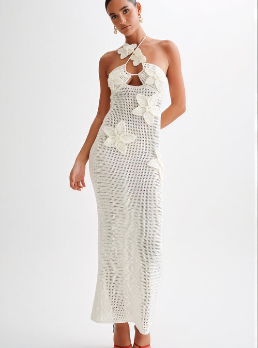 Women's Crocheted Halter Neck Dress – Floral Applique, Bohemian Style-83837-c5fc9b66-2a10-4815-8b5b-5730bf9813bd
