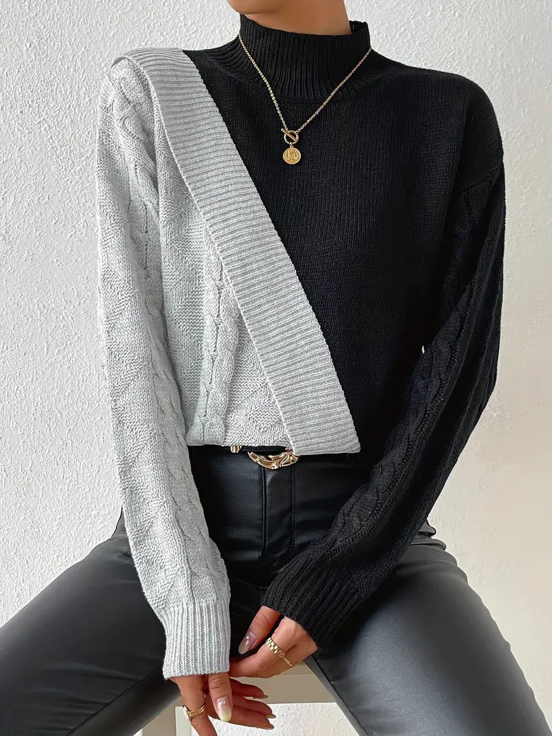 Women's Sweater – Color Block Cable Knit Turtleneck Style-54586-b1c5e7a2-7e02-452a-98eb-a706d10e37da
