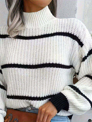 Women's Striped Turtleneck Sweater – White, Ribbed Knit-74366-93e1f7b0-c175-4f81-b005-802e8a3c9d76