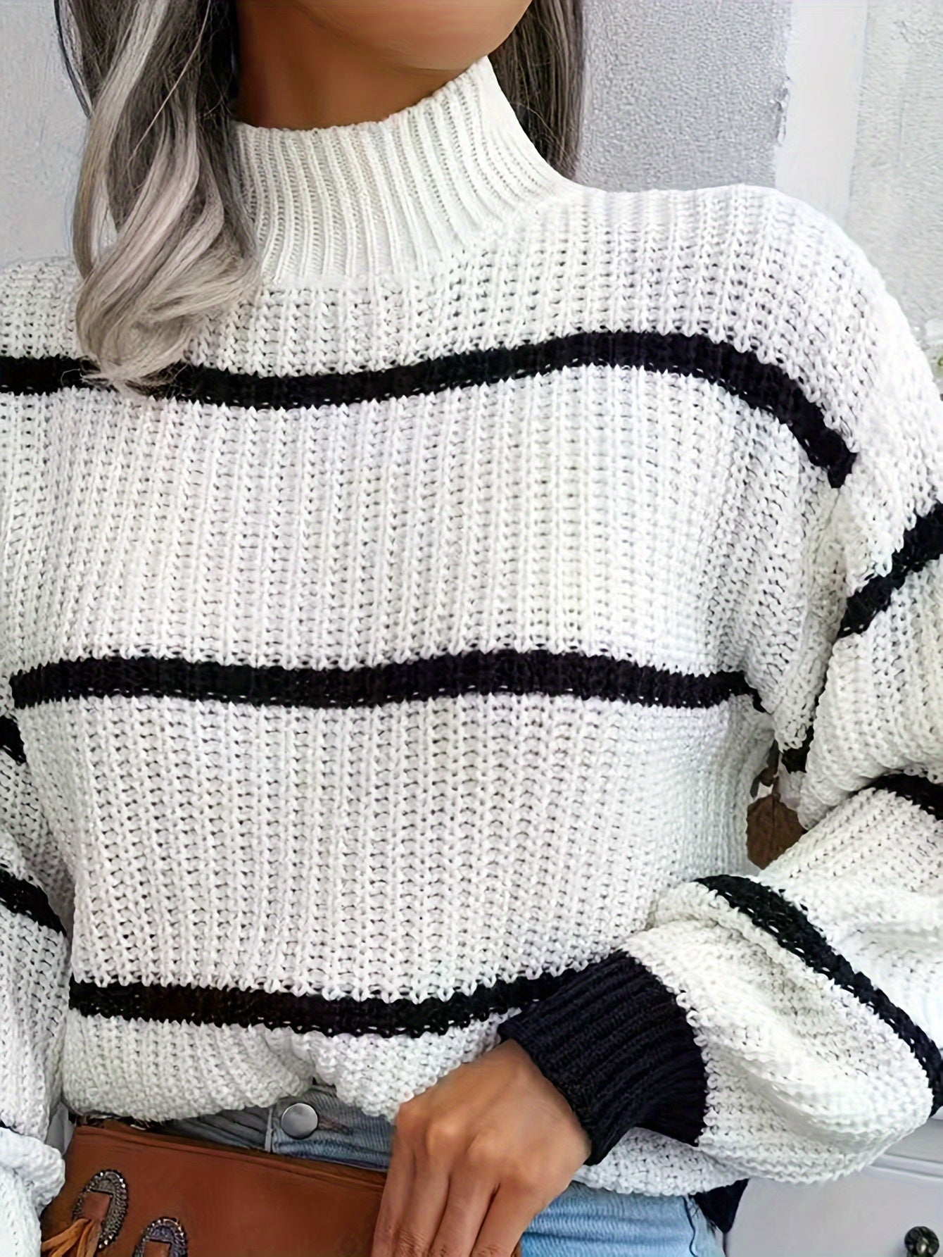Women's Striped Turtleneck Sweater – White, Ribbed Knit-74366-93e1f7b0-c175-4f81-b005-802e8a3c9d76