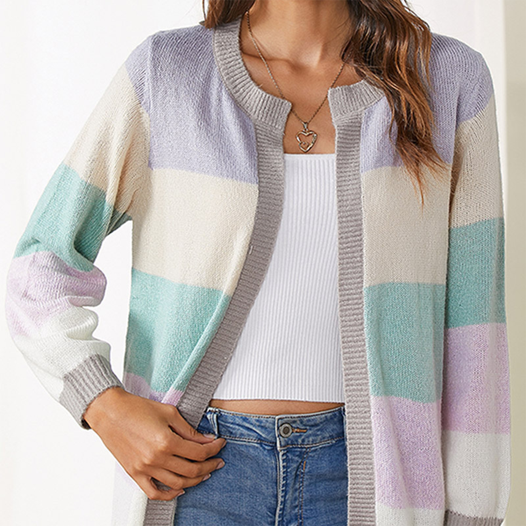 Women's Cardigan – Open Front, Striped Color Block, Long Sleeve, Basicfold-74430-9738c155-0a4d-405d-b4e5-2f7035a5e7c6