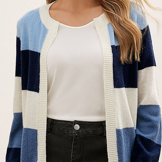 Women's Cardigan – Open Front, Striped Color Block, Long Sleeve, Basicfold-74430-9c93f468-1f42-44e9-ae24-15b1063d5fd5