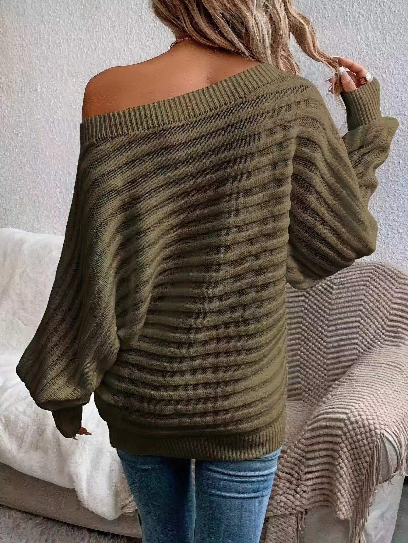 Women's Off-Shoulder Dress – Ribbed Knit Long Sleeve-74368-9c9d8691-8936-497f-9ee6-fc5d88a5c83c