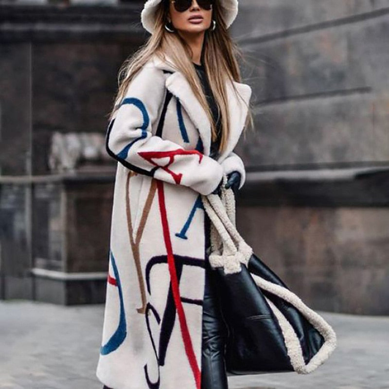 Women's Long Coat – Cream Wool Blend, Bold Lettering, Relaxed Fit-55072-59499662049623