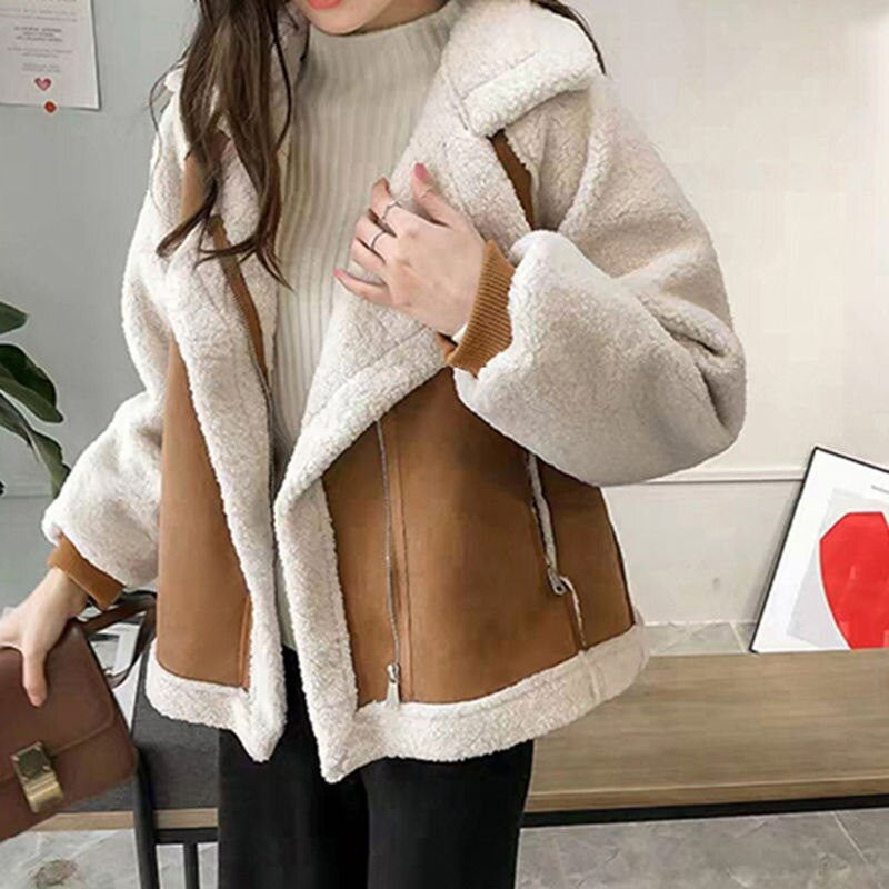 Women's Two-Tone Faux Shearling Suede Coat – Wide Lapel Collar, Warm Winter Outerwear-50497-df5d1547-0039-4389-b3d9-6fb885bc9f9b
