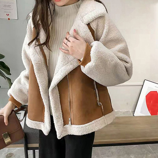 Women's Two-Tone Faux Shearling Suede Coat – Wide Lapel Collar, Warm Winter Outerwear-50497-df5d1547-0039-4389-b3d9-6fb885bc9f9b