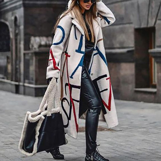 Women's Long Coat – Cream Wool Blend, Bold Lettering, Relaxed Fit-55072-59499662016855