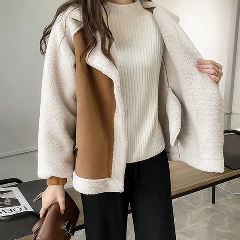 Women's Two-Tone Faux Shearling Suede Coat – Wide Lapel Collar, Warm Winter Outerwear-50497-33276c80-6464-4c6c-b079-94036657b760