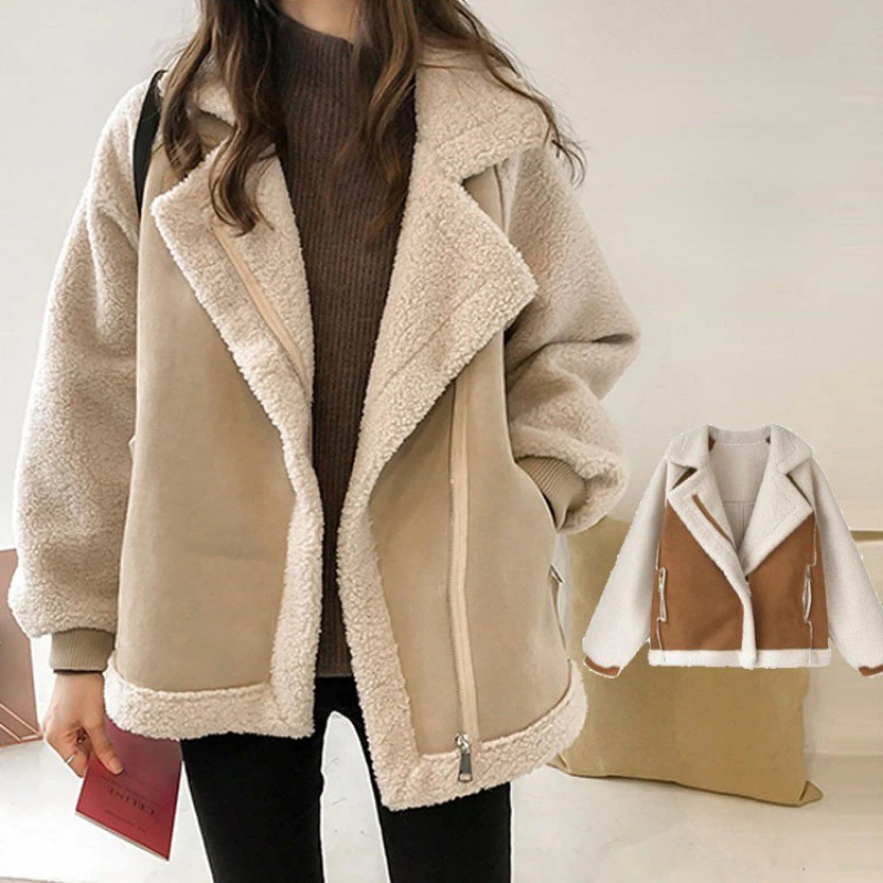 Women's Two-Tone Faux Shearling Suede Coat – Wide Lapel Collar, Warm Winter Outerwear-50497-81840c9e-7d9e-4d2a-9390-739ba8acf44d