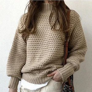 Women's Sweater – Chunky Knit Turtleneck, Oversized Sleeves, Acrylic Cotton, Off-White Beige-54883-58562561605962