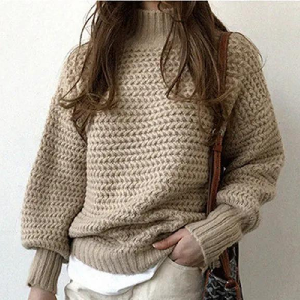 Women's Sweater – Chunky Knit Turtleneck, Oversized Sleeves, Acrylic Cotton, Off-White Beige-54883-58562561605962