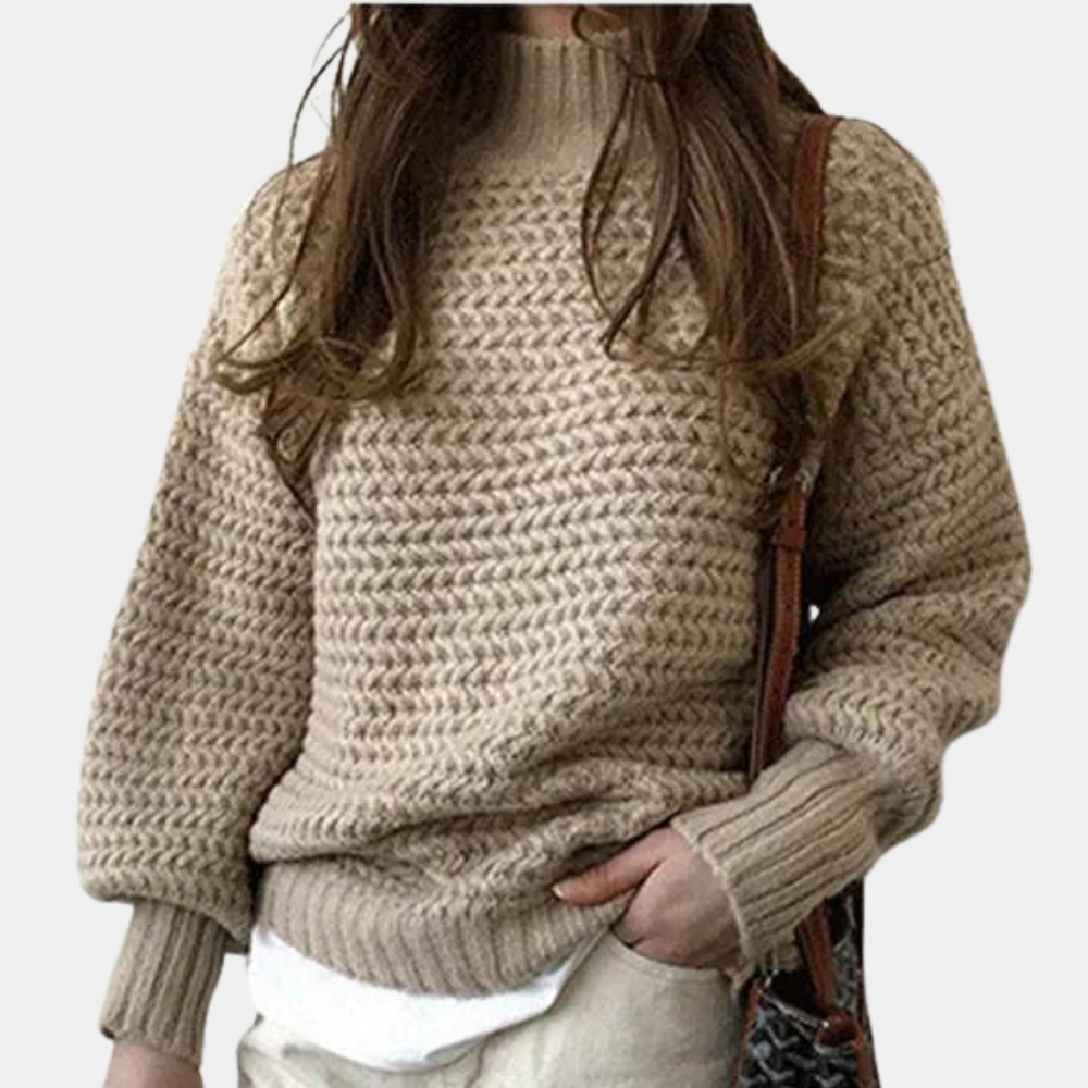 Women's Sweater – Chunky Knit Turtleneck, Oversized Sleeves, Acrylic Cotton, Off-White Beige-54883-58562562392394