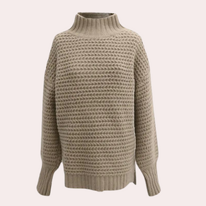 Women's Sweater – Chunky Knit Turtleneck, Oversized Sleeves, Acrylic Cotton, Off-White Beige-54883-58562562982218