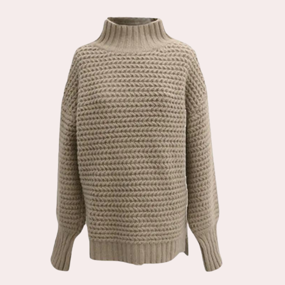 Women's Sweater – Chunky Knit Turtleneck, Oversized Sleeves, Acrylic Cotton, Off-White Beige-54883-58562562982218