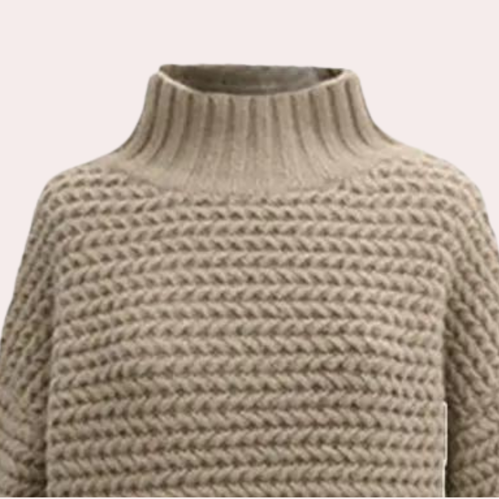 Women's Sweater – Chunky Knit Turtleneck, Oversized Sleeves, Acrylic Cotton, Off-White Beige-54883-58562563735882