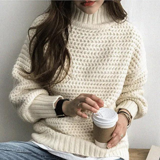 Women's Sweater – Chunky Knit Turtleneck, Oversized Sleeves, Acrylic Cotton, Off-White Beige-54883-58562561016138
