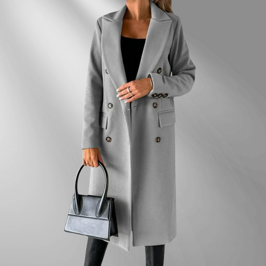 Women's Double-Breasted Wool Blend Coat – Tailored Fit, Notched Lapel, Gray, Camel, Black-55035-59519544394071