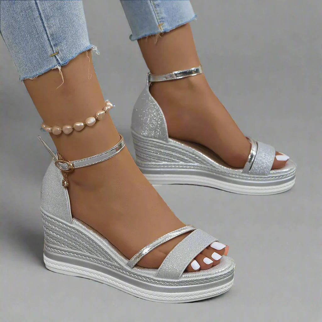Women's Sandals – Glitter Open Toe Wedge Heel with Platform Ankle Strap-83231-a2cfb5be-8309-463f-805b-4be6efa70c7f