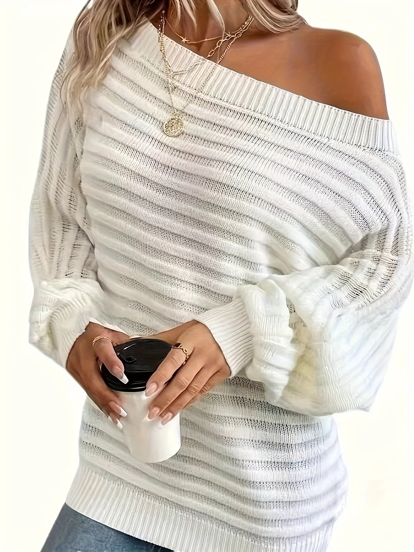 Women's Off-Shoulder Dress – Ribbed Knit Long Sleeve-74368-a3f6ee0d-02a2-4fbf-833e-6cc998dac49d