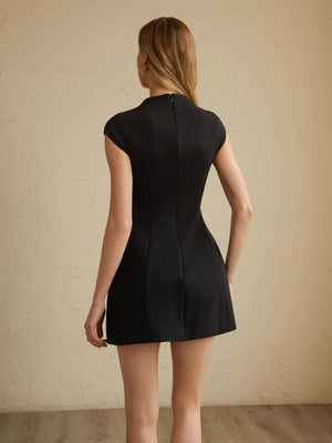 Women's A-Line Dress – High Neckline, Cap Sleeves, Front Pockets, Woven Fabric, Minimalist Style-83216-b161e04a-7da1-4d58-b299-b3567aad2ca2