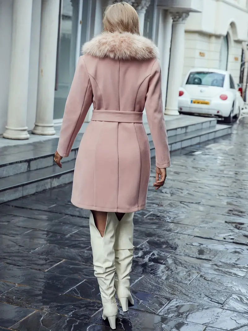 Women's Pink Coat – Faux Fur Collar, Tie Belt, Elegant Style-39520-b7b6daed-b916-4b80-97cb-7189e82772e7