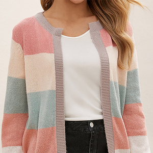 Women's Cardigan – Open Front, Striped Color Block, Long Sleeve, Basicfold-74430-b7d7e3fb-8756-4304-aa65-510c351829d7