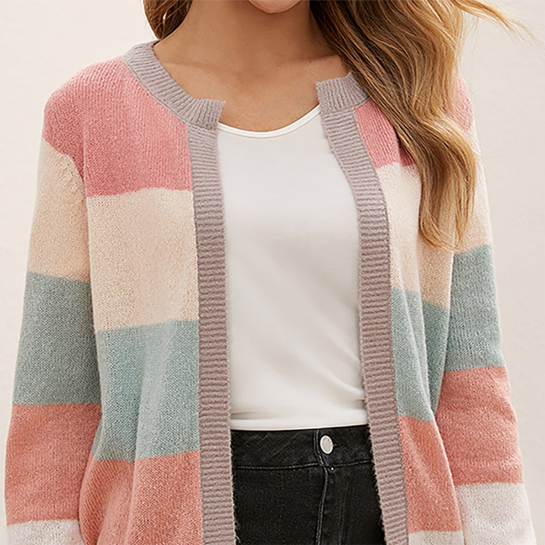 Women's Cardigan – Open Front, Striped Color Block, Long Sleeve, Basicfold-74430-b7d7e3fb-8756-4304-aa65-510c351829d7