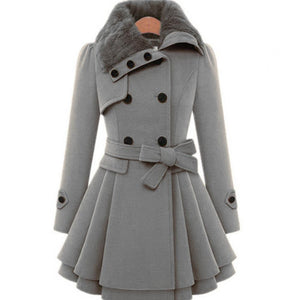 Women's Double-Breasted Faux Fur Collar Belted Flared Coat, Elegant Style-82347-b874cd15-a500-4385-bc7d-5daf675e8b40