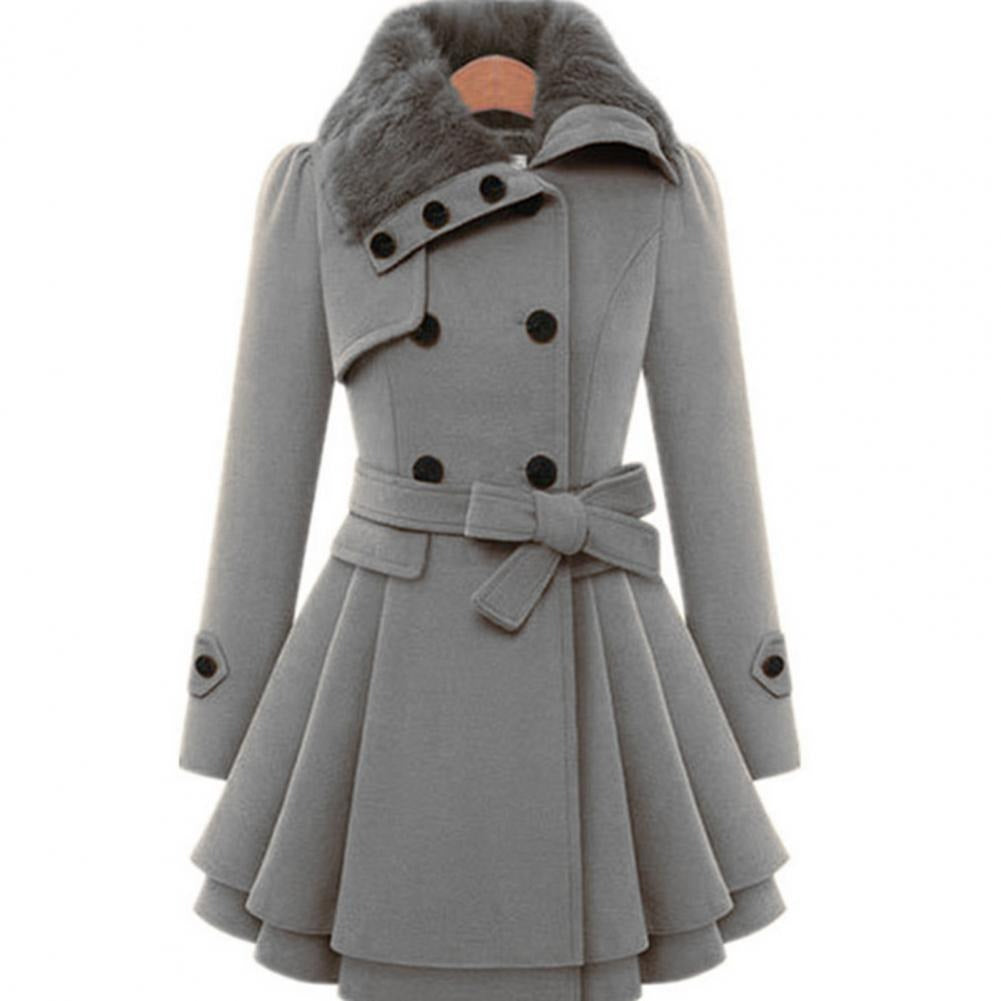 Women's Double-Breasted Faux Fur Collar Belted Flared Coat, Elegant Style-82347-b874cd15-a500-4385-bc7d-5daf675e8b40
