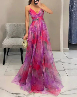 Women's Maxi Dress – Watercolor Floral Print, V-Neck Chiffon Flowing-83162-bdb75d54-cd46-4d40-89c4-35ee2e1efd8c