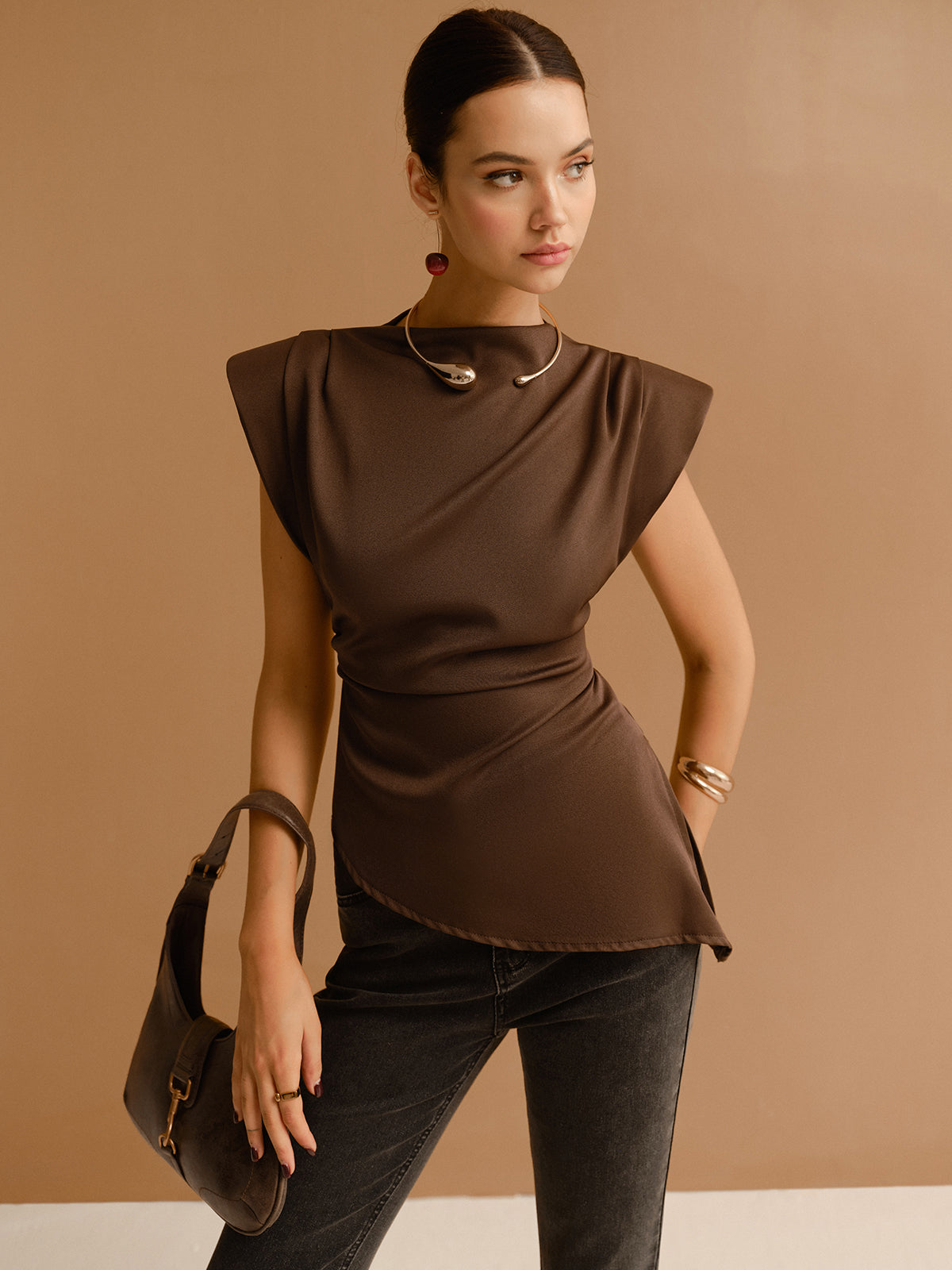 Women's Brown Satin Top – Structured Shoulders, Wrap Waist, Sleeveless-83250-c067274e-e91e-4f5b-80e3-cd59cb5f8ab0